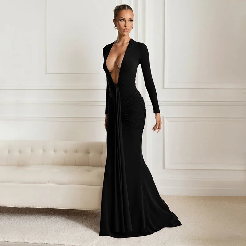 Blifanbo Abito lungo sexy con scollo a V a maniche lunghe Donna Nastro aderente Autunno Inverno Vita alta increspato Club Party Abito lungo elegante