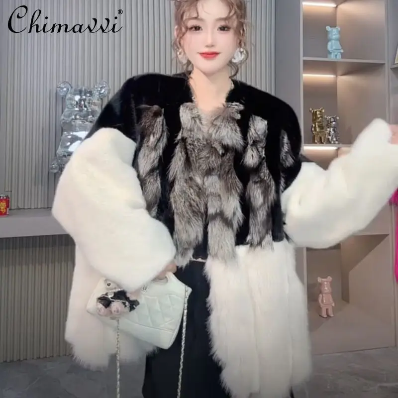 2025 شتاء جديد الراقية مصمم الأزياء كتلة اللون معطف ضوء الفاخرة المرأة الثعلب الفراء المرقعة كم طويل دافئ أنيق الفراء #5