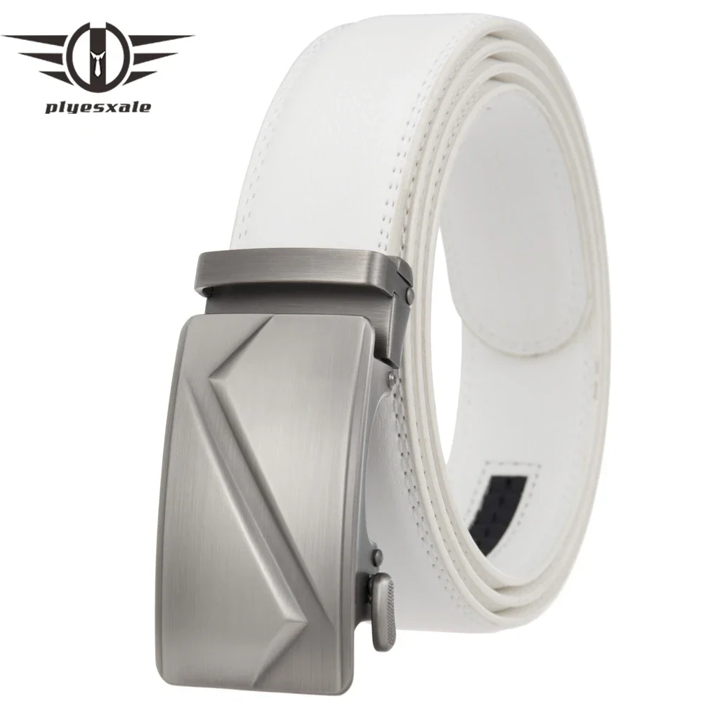 

Plyesxale 2024 White Mens Genuine Leather Belt Designer Alloy Automatic Buckle Belt For Man Brand Business Style Men Belts B1085