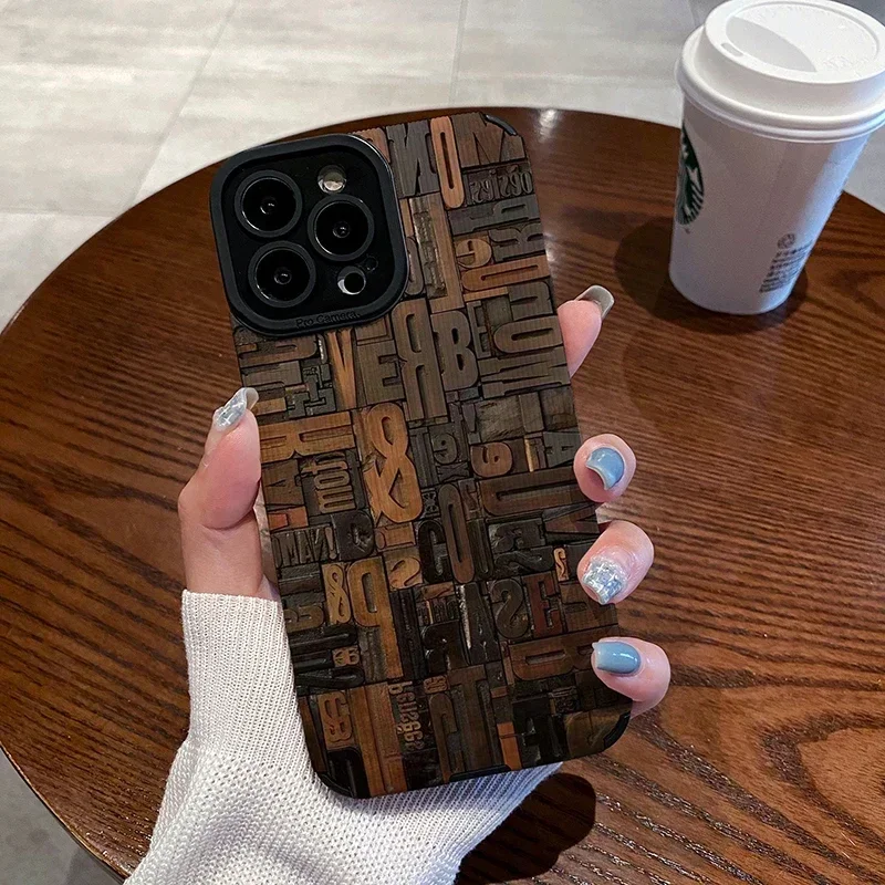 Retro Wooden Blocks Leather Phone Case For Funda iphone 15 14 12mini 11 13 Pro 15Pro 14Pro Max Cover For iphone 16 17 Air Coque