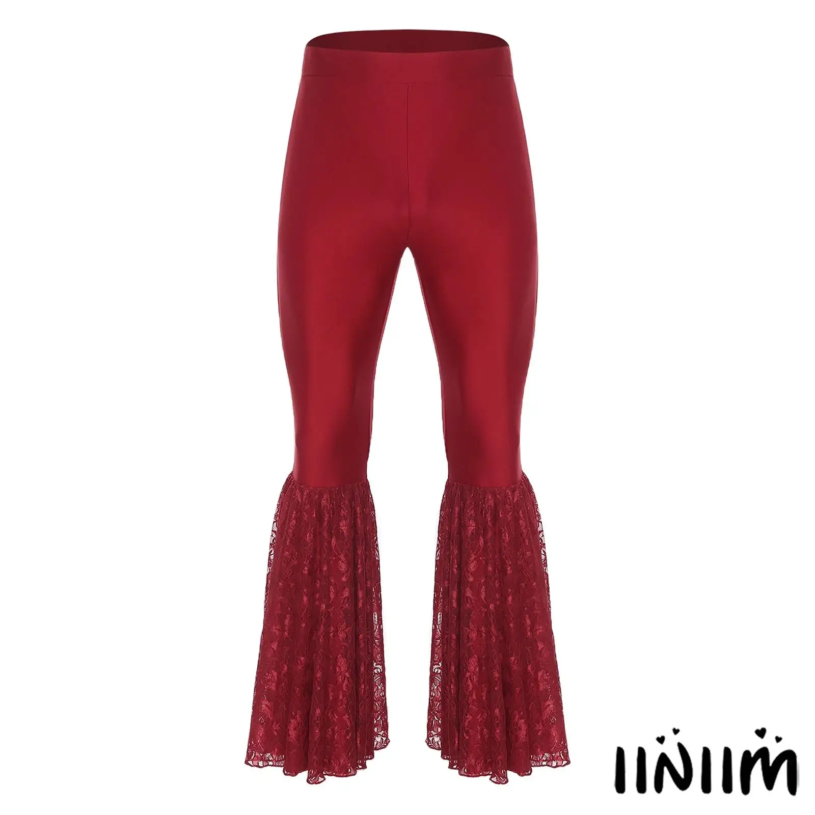 

Mens Latin Dance Costume Lace Patchwork Bell-Bottom Disco Pants Elastic Waistband Flared Trousers for Latin Salsa Tango Dance