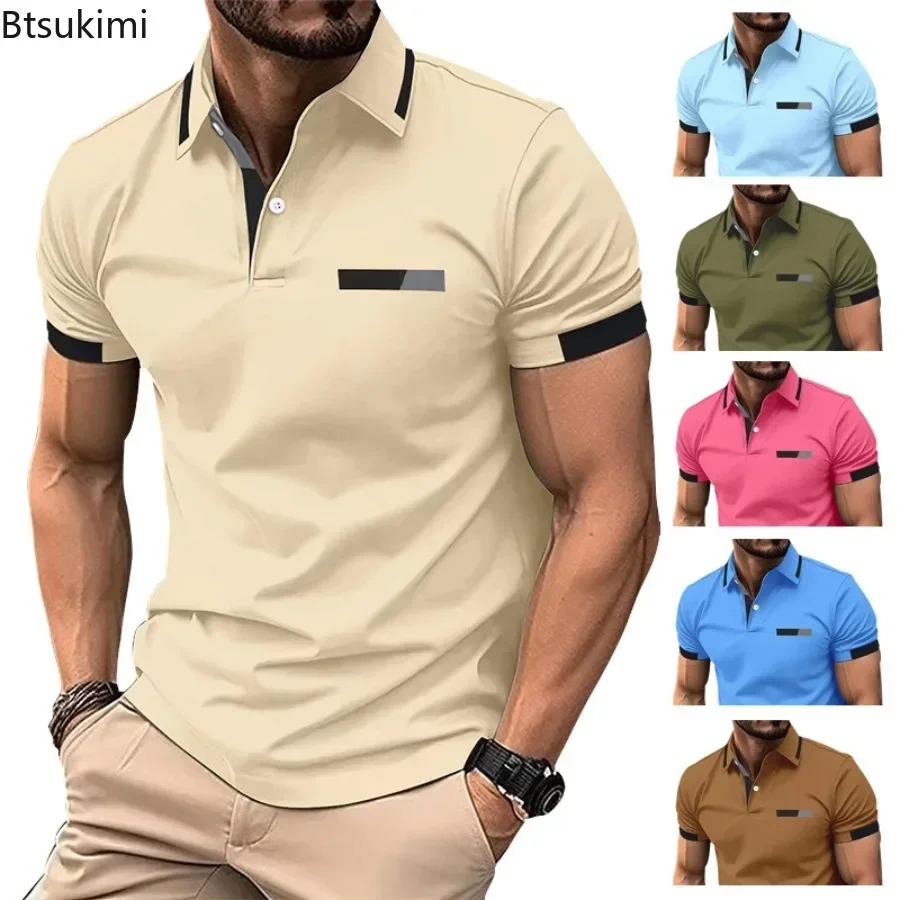 New 2025 Men's Short Sleeve Polo Shirts Casual Lapel Button-up Pullovers Men Vintage Striped Patchwork Business T-shirts Male