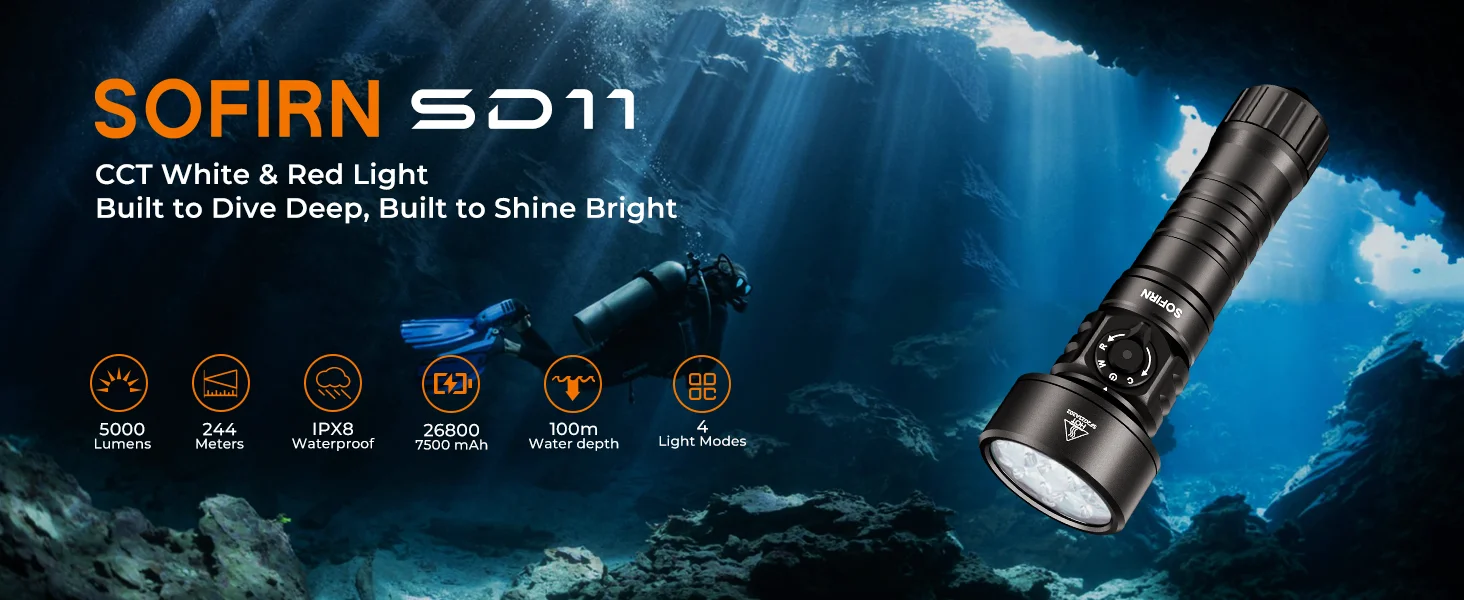 SOFIRN SD11 5000LM Tauchlampe Wiederaufladbare Taschenlampe mit 3 Lichtmodi IPX8 Wasserdicht 100m Unterwasser-Fackel zum Tauchen – Detail 2