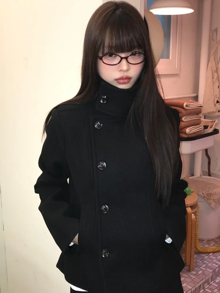 

Korean Sle Autumn Winter ort Tailored Bla Woolen Coat Women's Slimming Sli Stand Collar Coat Versatile Faionable