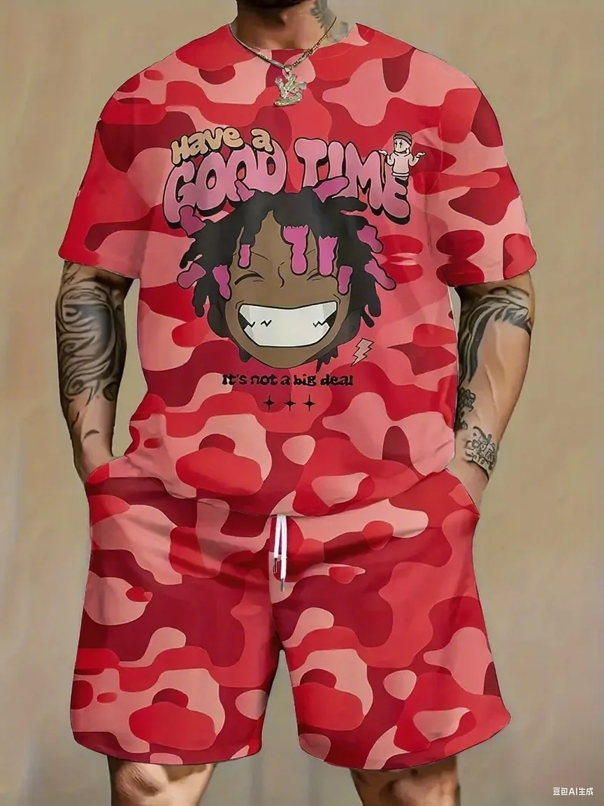 

Summer Men's Cartoon Print Short Sleeve T-Shirt & Shorts Set Round Neck Gradient Short Sleeved Women's T-shirt Shorts Set