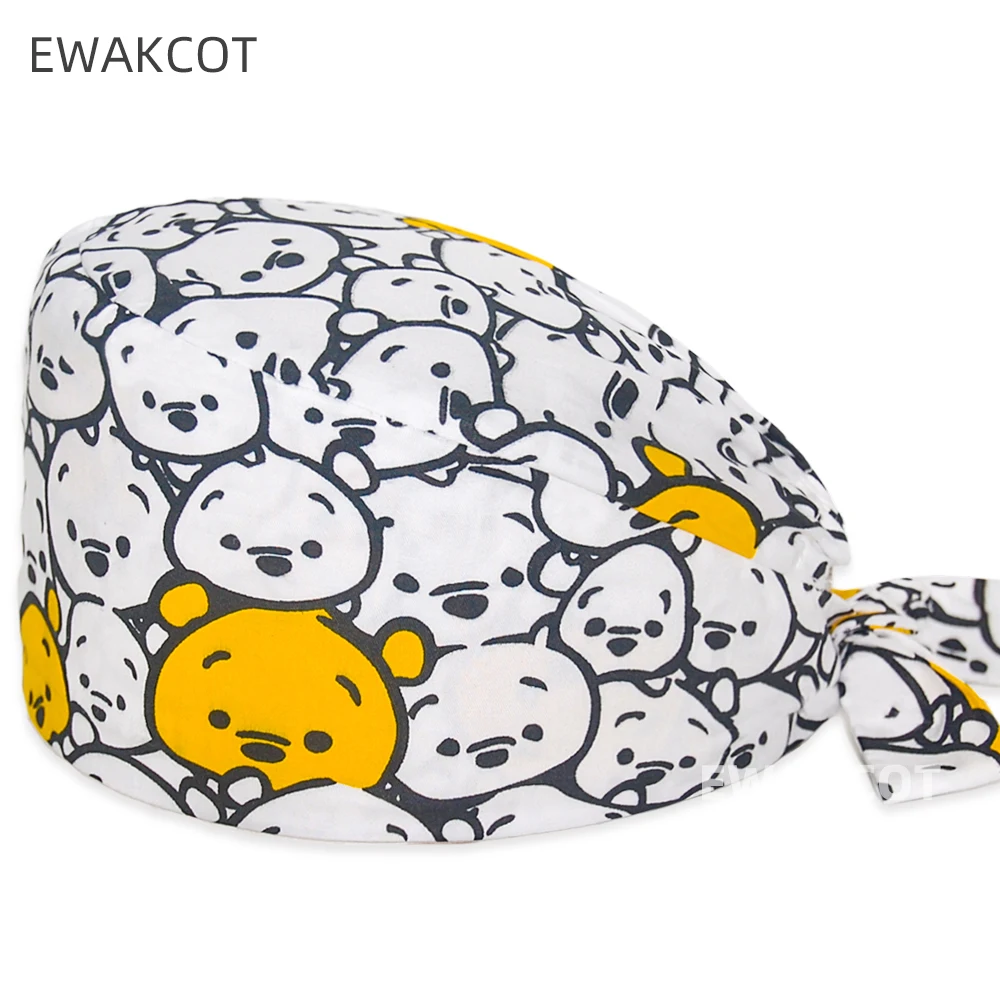 Gorro quirúrgico médico con estampado de oso de dibujos animados, gorro de trabajo de médico y enfermera de algodón puro, gorro de Chef, gorro de tienda de mascotas, gorro de veterinario, gorro Dental para mujeres y hombres