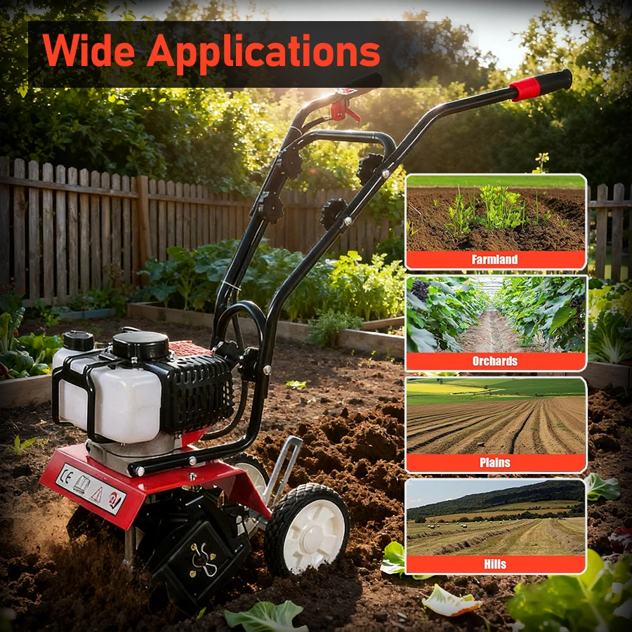 2 Stroke Gasoline Micro Cultivator Powerful Agricultural Garden Tools Gasoline Multi-function Rotary Tiller Machinery with Wheel