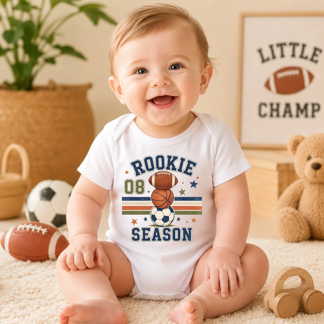 Rookie Season 08 Baby Boy Bodysuit Short Sleeve Cotton Onesie Football Basketball Soccer Print Newborn Romper Infant Sports Outf