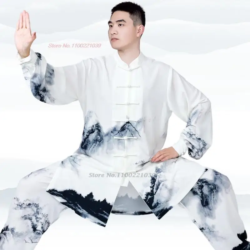 

2024 chinese tai chi uniform scenery print wushu kung fu suit martial arts uniform tops+pants set outdoor walking morning sports