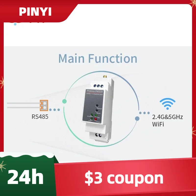 DIN-Rail Serial Port RS485 To 2.45 5G WiFi Converter Server PW31B AC110V~220V Or DC Support Modbus TCP to RTU MQTT