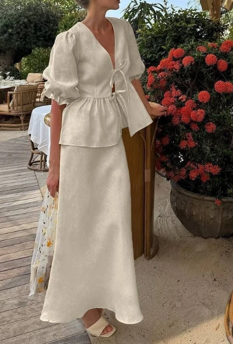 

Two Piece Set Women Outfit Summer New Fashion Bubble Sleeve V-Neck Lace Up Top & High Waist Casual Slim Fit Long Skirt Set