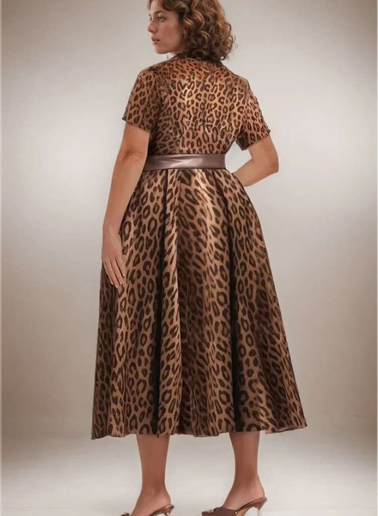 Plus Size Leopard Printed Dress for Women Pleated A-Line Dress with Belt Turn Down Collar Casual Short Sleeve Summer Dress