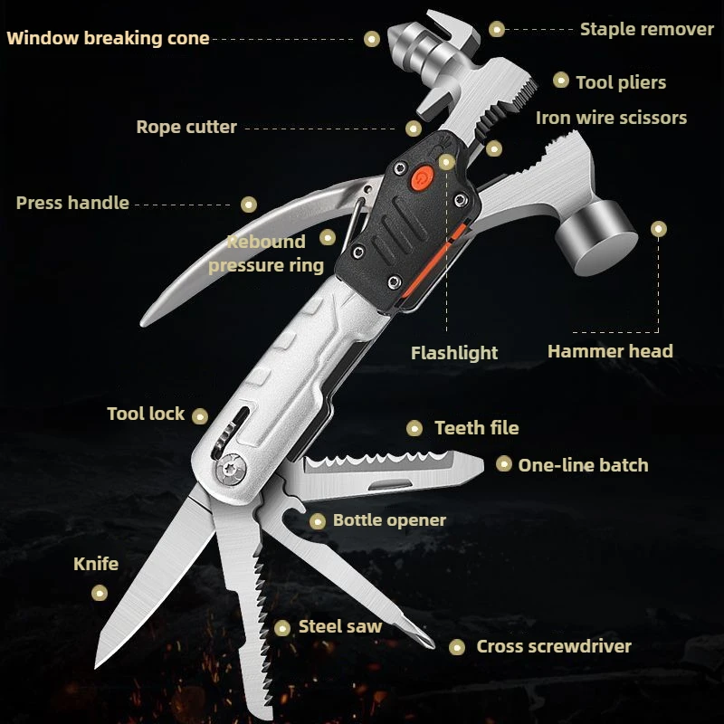 

Многофункциональные складные плоскогубцы-молоток с фонариком, инструмент для кемпинга на открытом воздухе, портативный ручной инструмент для экстренного выхода