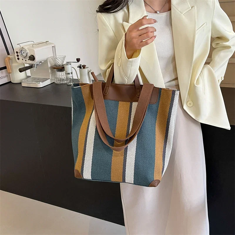 Striped Shoulder Bucket Bags For Women Canvas Fabric Large Capacity Shopping Totes Contrast Color Commute Shopper Handbags 2024