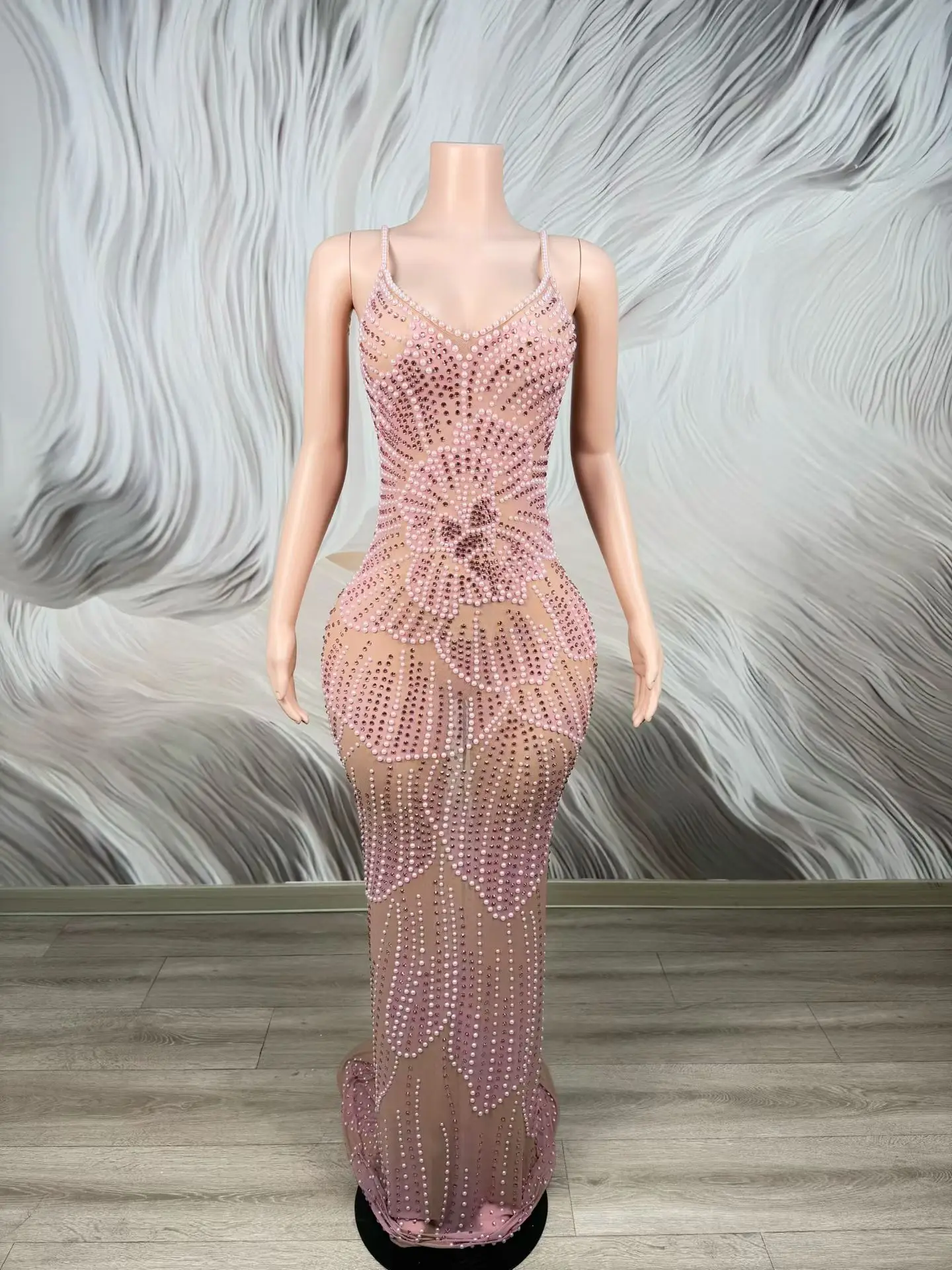 Shaoyao Women Spaghetti Strap V Neck Mermaid Gown Sheer Mesh Pink Rhinestone Floral Embellished Long Formal Evening Party Dress