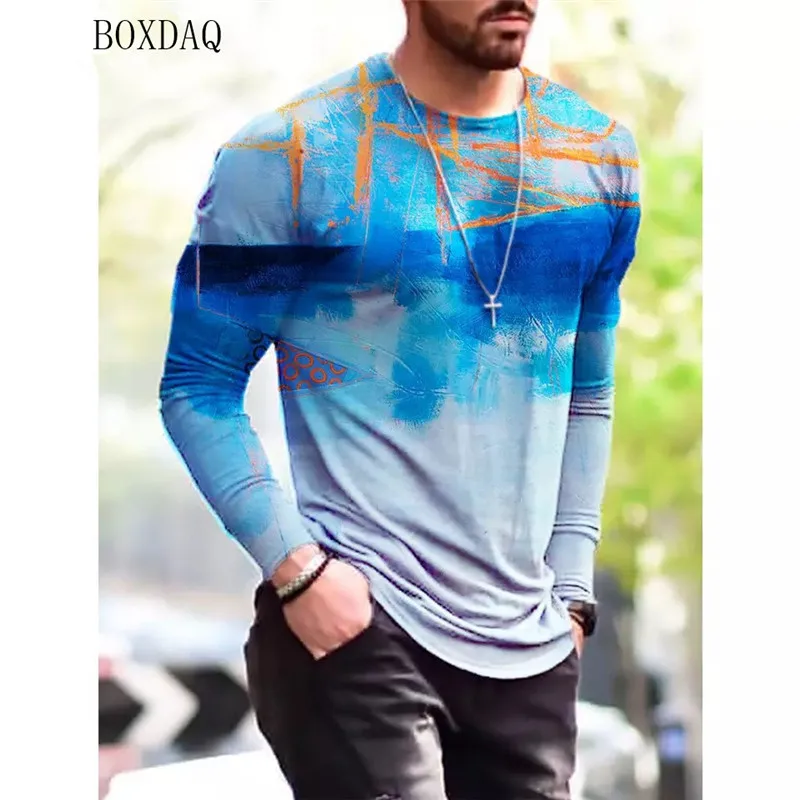 Tie-dye Men Street T-shirts Spring Autumn Long Sleeve Cotton 3D Gradient Print Fashion Tee 6XL Big Size Man Clothing Casual Tops