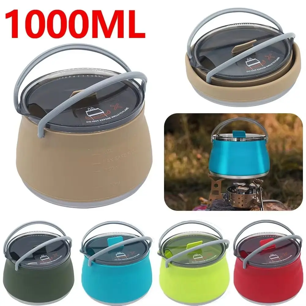 

Portable Outdoor Silicone Kettle Stainless Steel Bottom 1000ml Foldable Water Pot Perforated Lid Reusable Tea Cooker Hiking