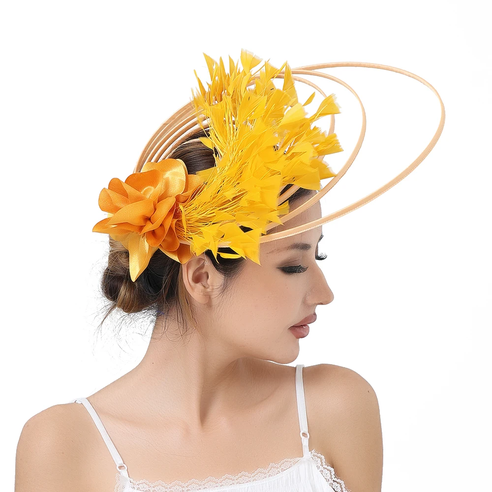gold Fascinator Hat Wedding Elegant Bride Church Headpiece Women headwear Tea Chapeau Cap Feather and flower Millinery