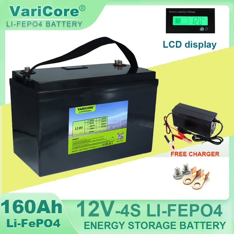 バッテリーVariCore-LiFePO4,12.8V, 12V, 160Ah, 4s, USB 3.0,タイプC出力,インバーター,カーライター,旅行,キャンプ,充電器,免税,14.6V
