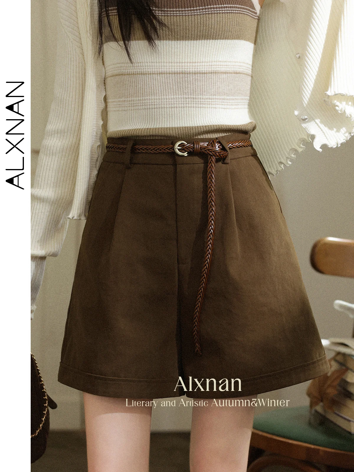 

ALXNAN Khaki Shorts Women Autumn Casual Loose-fit Elegant Cotton 100% Shorts Wide-leg High-waist Short Baggy Pants Female L56756
