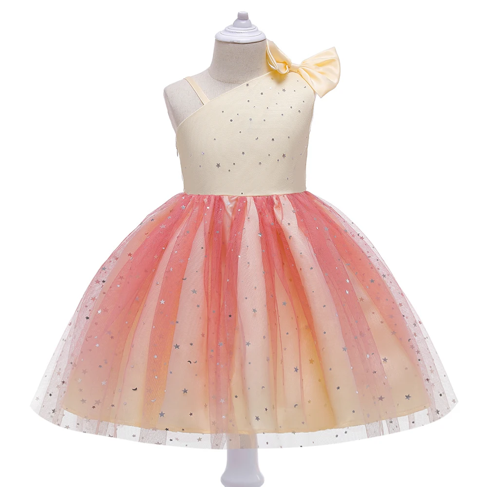 Fluffy Star Sequin Slant Shoulder Girls Dress Elegant Princess Party Wedding Bridesmaid Gown Birthday Girl Clothes Summer Dresse