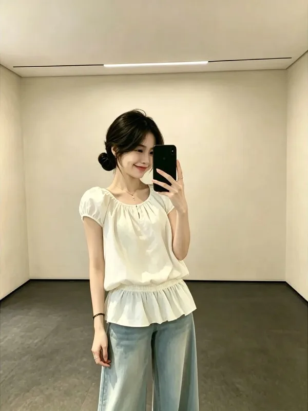 

plus Size Women's Korean Style Loose Floral Print Shirt Spring Summer Slimming Short Sleeve round Neck Casual Inner Wear Top