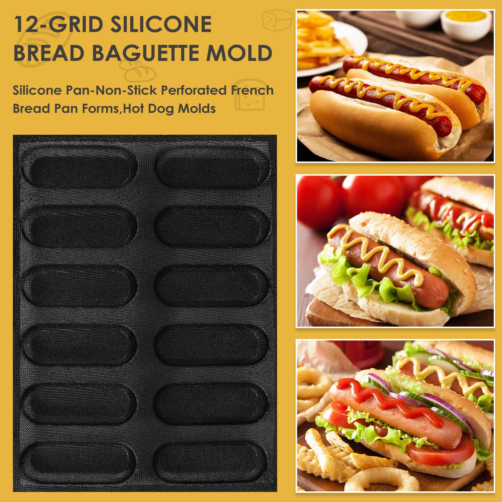 Silikon pfanne-Antihaft-perforierte französische Brot pfannen formen, Hot-Dog-Formen, Backfolien-Matten brotform