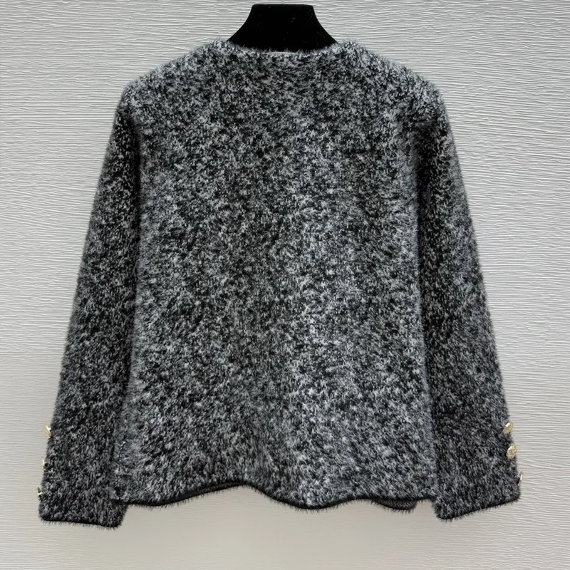 Wysokiej jakości metalowy kardigan damski z pojedynczym guzikiem, okrągłym dekoltem i ozdobnymi dużymi kieszeniami, sweter-płaszcz 251028163