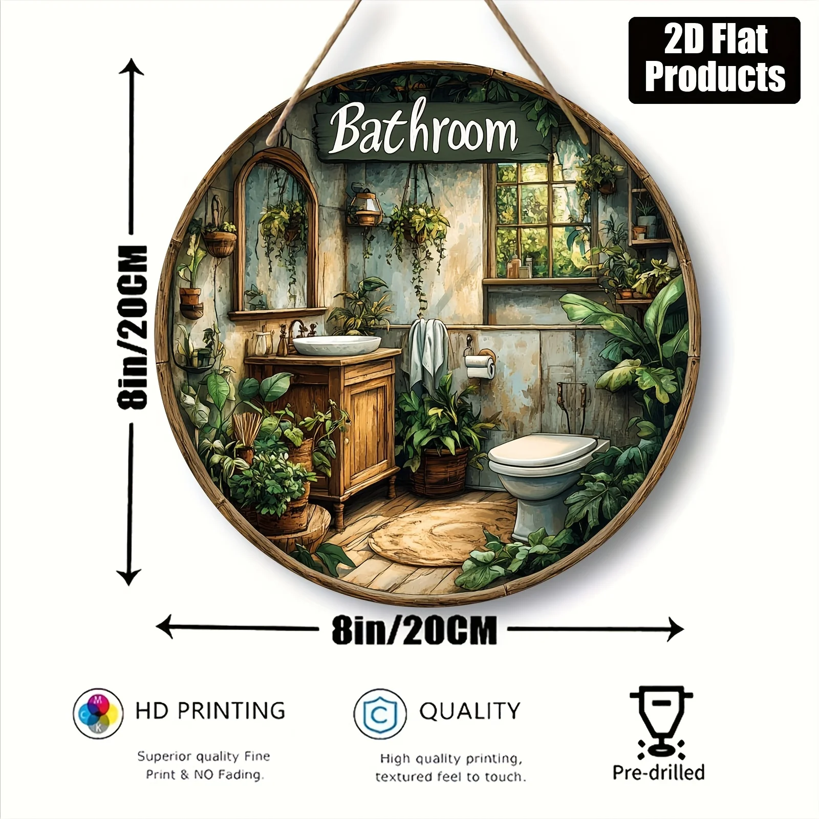 2D Plane 1pc Round Wood Board/Decorative Painting Sign/Eco Green Plant Bathroom Theme/Suitable for Bar Kitchen Cafe Family Room