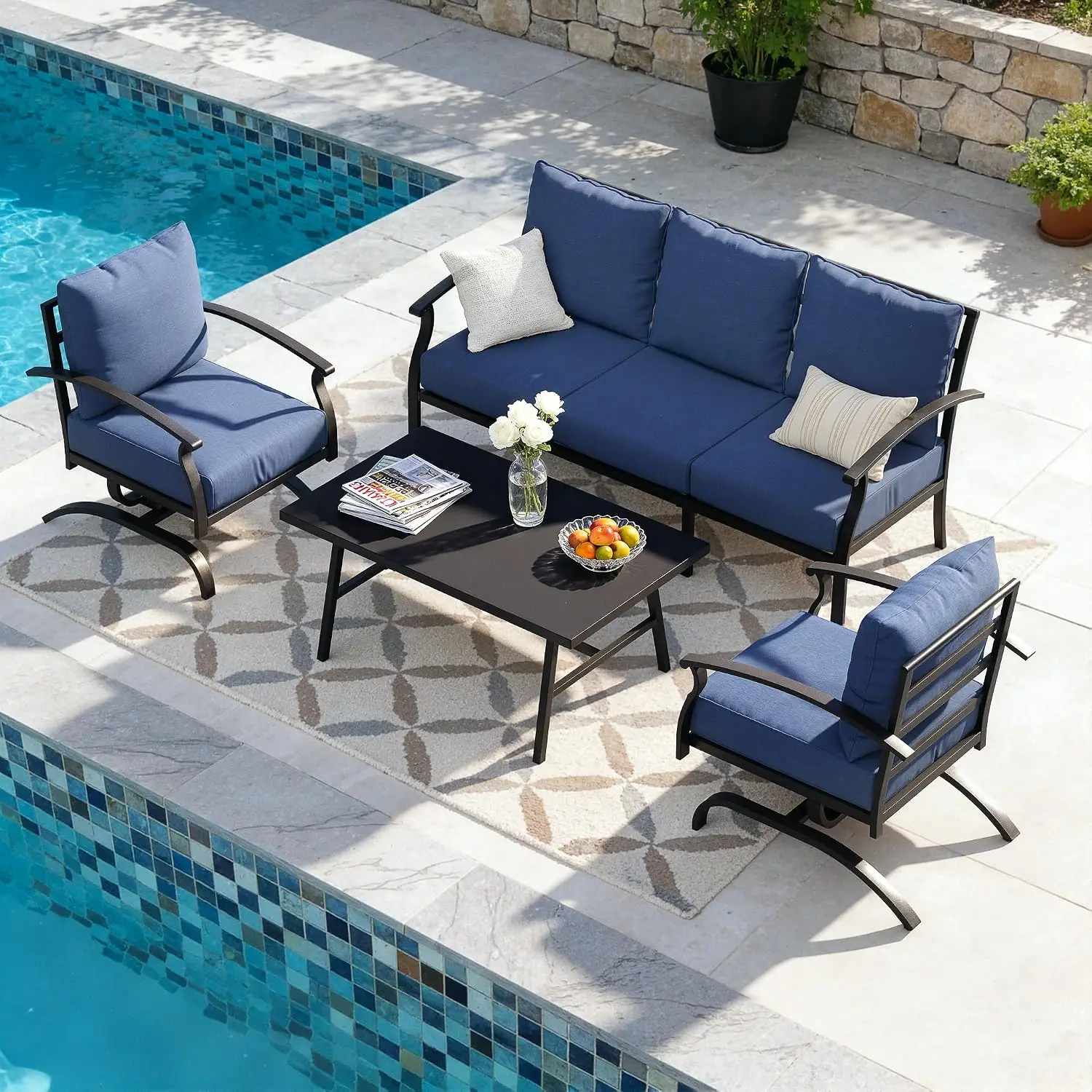 Metal Outdoor Sectional Sofa Set with Thick Cushions & Coffee Table, Removable Cover, for Backyard Porch, 4 Piece, Customized