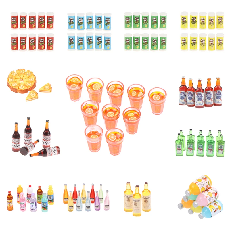 10pcs 1:12 Scale Soda Beverage Can Miniature Food Potato Chips Cakes Juice Wine Mini Drink Bottle Dollhouse Decoration Accessory