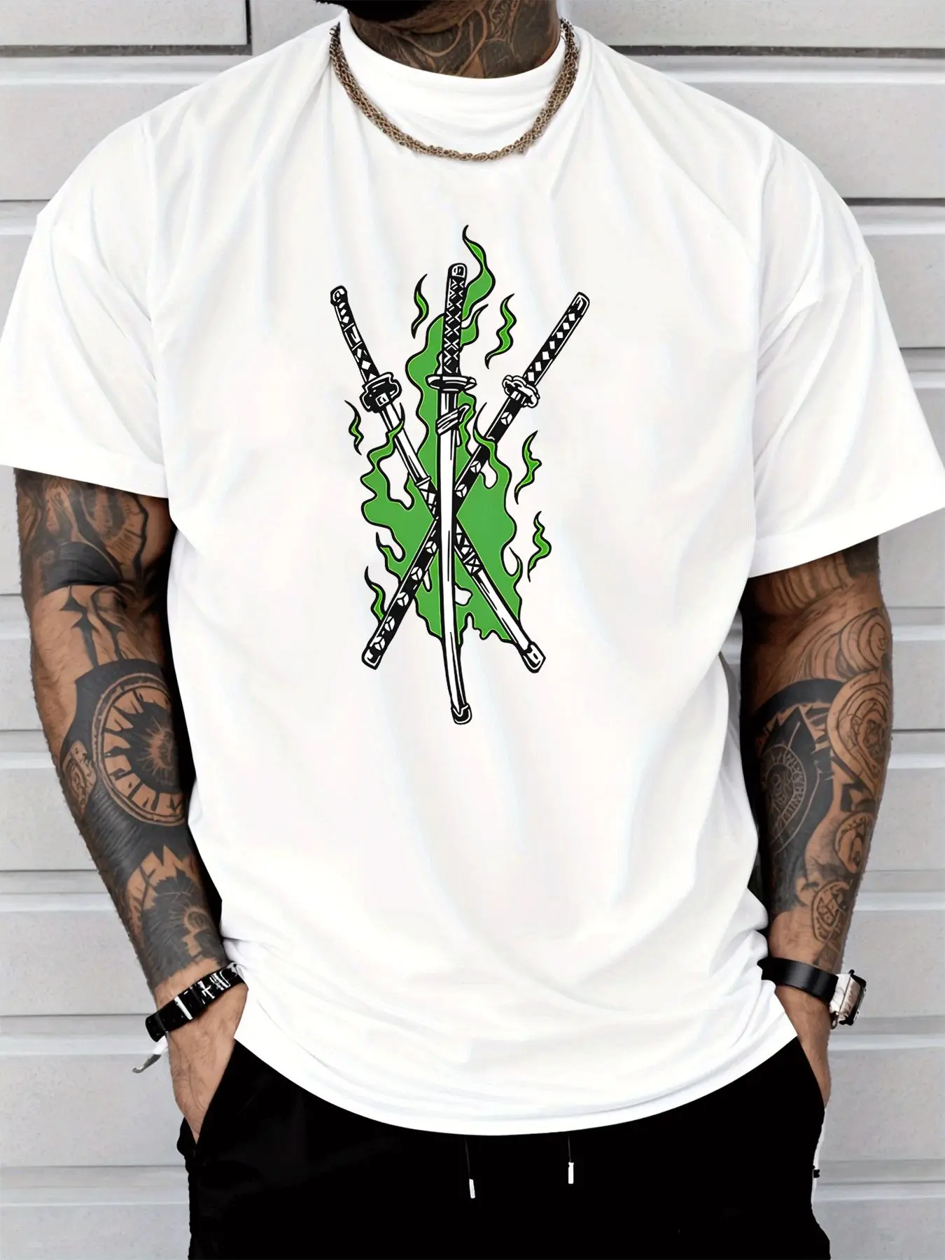 Mens Triple Katana Flame Graphic T Shirt Samurai Sword Anime Streetwear Short Sleeve Cotton Hip Hop Casual Summer Tee For Men