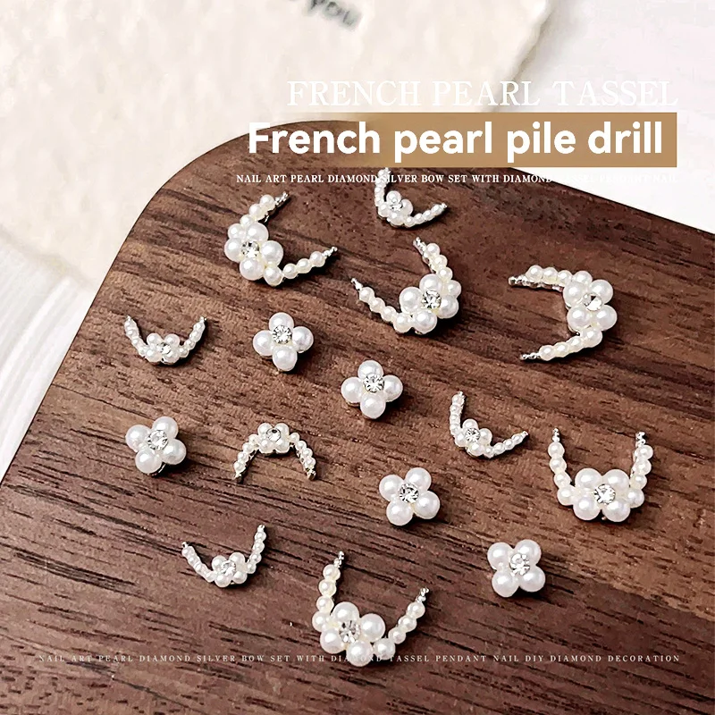 Conjunto de decorações para arte em unhas, 5 peças/10 peças, pérola, diamante, strass, adesivos, lua crescente francesa e design de flores, acessórios para arte em unhas