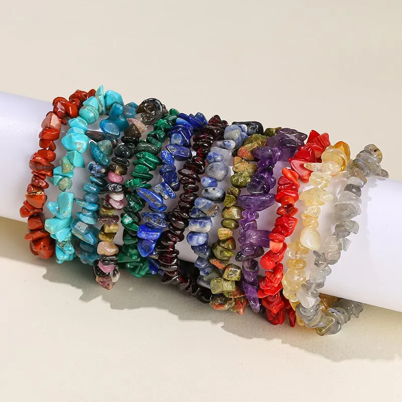 JD Natural Crystal Stone Seven Chakra Irregular Energy Bracelet Women Men Healing Amethyst Fluorite Chip Strand Bracelet Gift