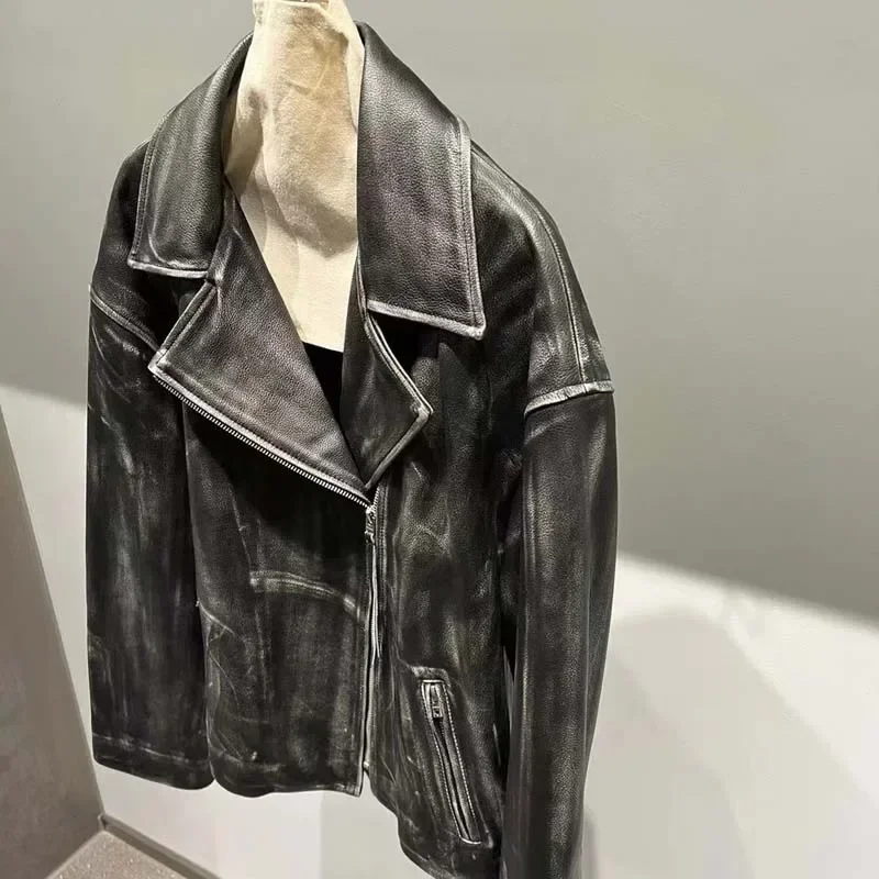 Odzież damska Jesień Zima Typ lokomotywy Kurtka z prawdziwej skóry Płaszcz z kołnierzem Proces starzenia Wysoka jakość