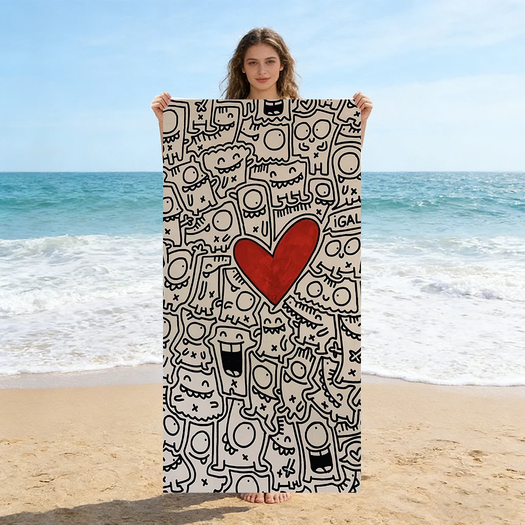 Strandtuch mit einfachem Liniendesign, voller Liebe, kleines Monster, super saugfähig, geeignet für Strand, Pool, Sommer, Geschenk für Freunde