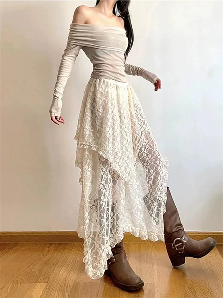 Spicy Girl Irregular Lace Half Skirt Women's Summer New Design Layered Apron Versatile Drapey Lace Skirt Korean Style High Wa...