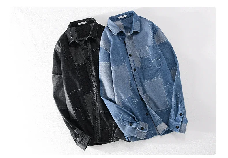 Spring Fall Pure Cotton Long Sleeve Denim Shirt Men Streetwear Casual Shirts Patch Style Plaid Jean Shirt Fashion Slim Fit Shirt