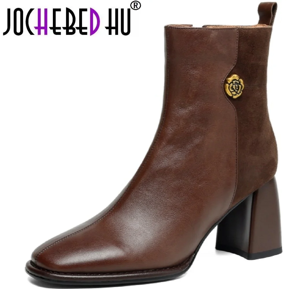 JOCHEBED HUNew Handmade Women Genuine Leather Ankle Boots Square Toe Chunky Heel Shoes Modern Concise Boots 34-40