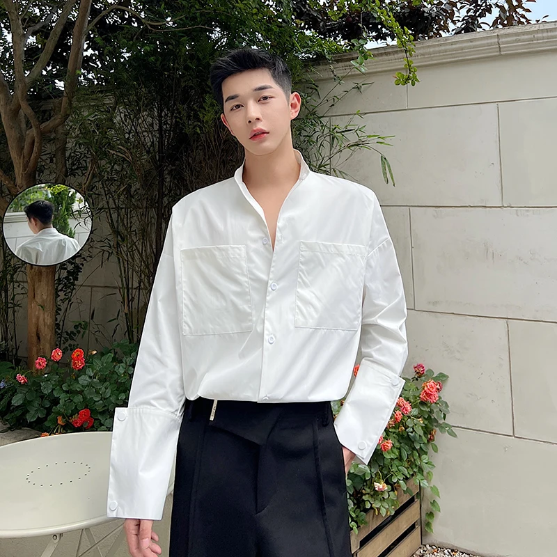 Men Stand Collar Loose Casual White Long Sleeve Shirts Male Japan Korean Streetwear Vintage Commute Shirts Blouses