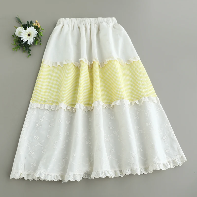 Japanese Sweet Mori Girl Vintage Plaid Embroidery Patchwork Skirts Women Summer Elastic Waist Casual Loose A-Line Midi Skirts