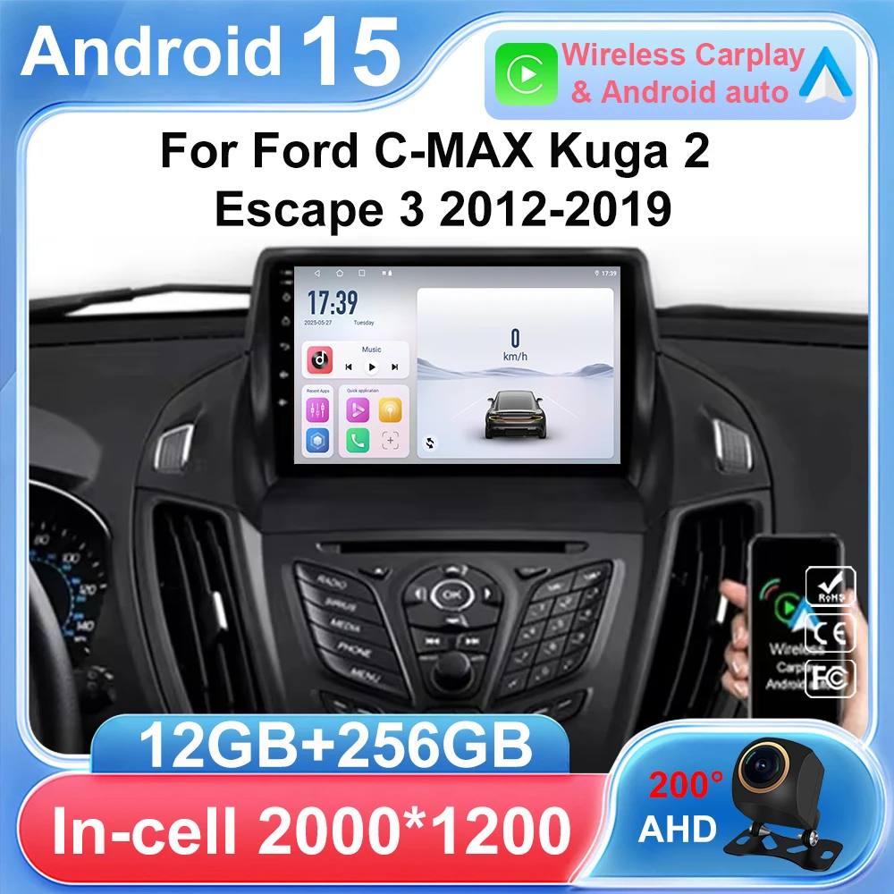 

Android 15 Car Radio For Ford C-MAX Kuga 2 Escape 3 2012 - 2019 Multimedia Player Navigation GPS Wireless Carplay Auto Head Unit
