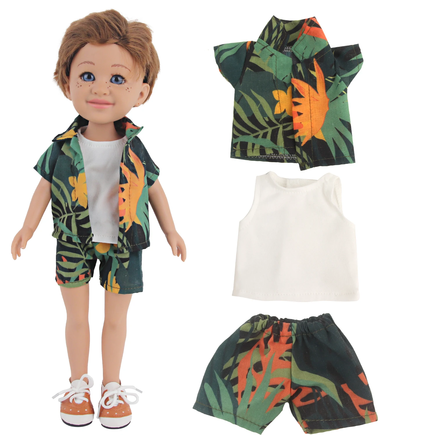 35Cm Girl Boy Dolls Clothes Set Green Color Leaf Shirt+white T-shirt+Shorts Clothes Set For 14 Inches American Doll For DIY Toy