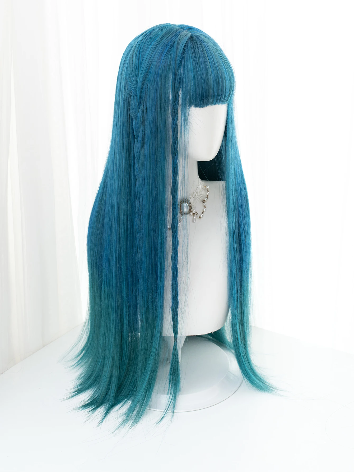 30Inch Blue Gradient Green Color Synthetic Wigs With Bang Long Natural Straight Hair Wig For Women Cosplay Heat Resistant