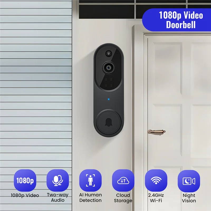 ABRU-US PLUG,1080P Wireless Video Doorbell Camera,Chime Ringer With Live View,2-Way Audio,2.4G Wifi,Night Vision