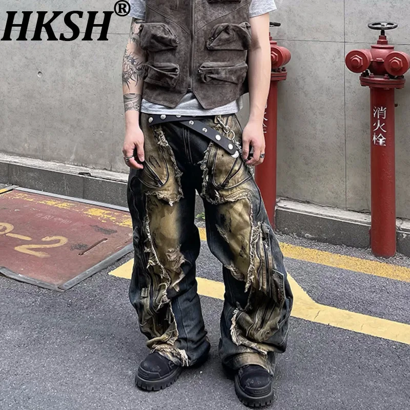 

HKSH Autumn Men Niche Design High Sense Irregular Deconstruction Straight Jeans Women Heavy Casual Wide Leg Denim Pants HK10298