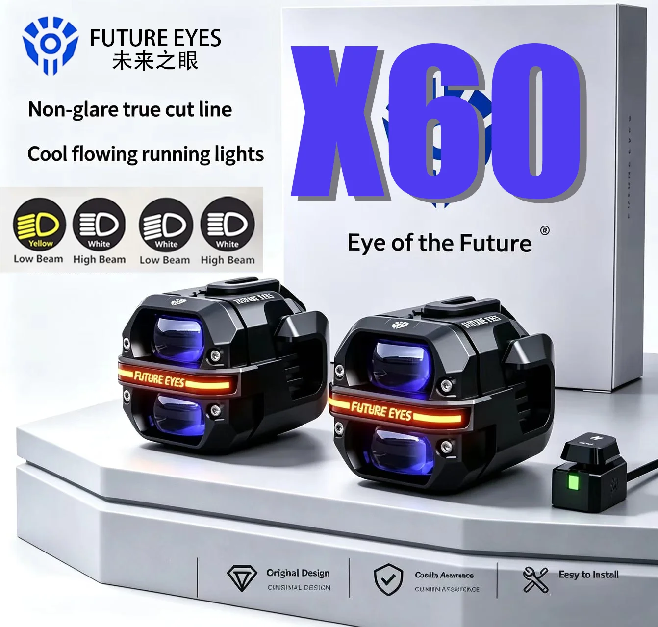 Future Eyes X60 Motorcycle Auxiliary Spotlight Fog Lights with Through Running Lights Wired Backlight Switch LED Lamp Spotlights