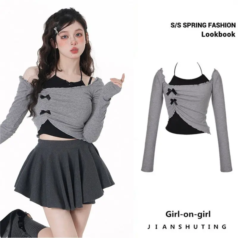 Y2K Grey Two Piece Set Spicy Girl Top Slim Sexy Hotsweet Women Short Shirt Off Shoulder Long Sleeved T-shirt Hanging Neck Bow