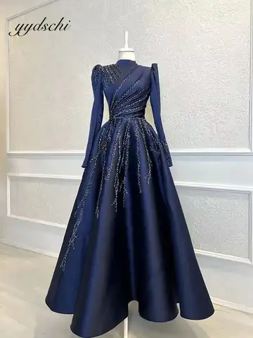 Marinblå Satin Aftonklänningar 2025 Långärmade Muslimska Robes De Soirée Marockanska Kaftan Formella Hög Hals A-linje Festklänningar 8 best sales Muslimsk aftonklänning - №8