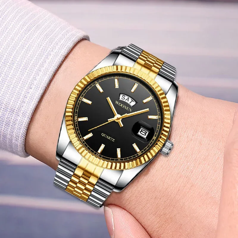 Luxury Fashion Men Watches Silver Gold Stainless Steel Day Date Quartz Wristwatches Men Business Watches Imitation Man Watch